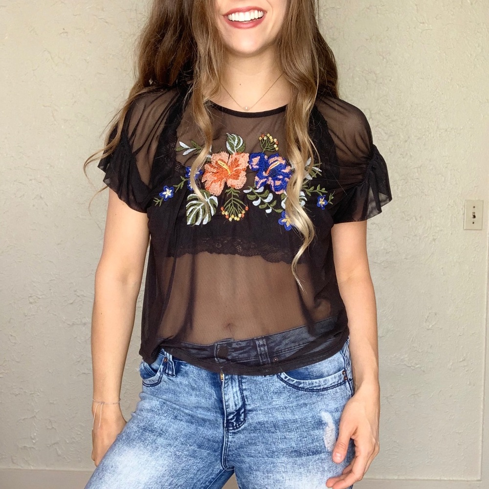 Black Mesh Embroidered Top
